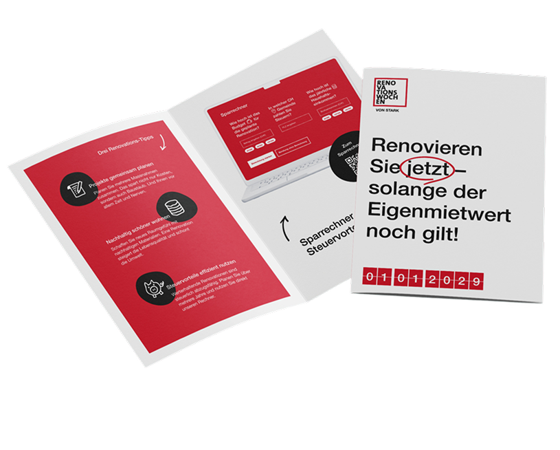 Zwei Broschüren der Stark AG mit Informationen zur Renovation und Steuervorteilen.