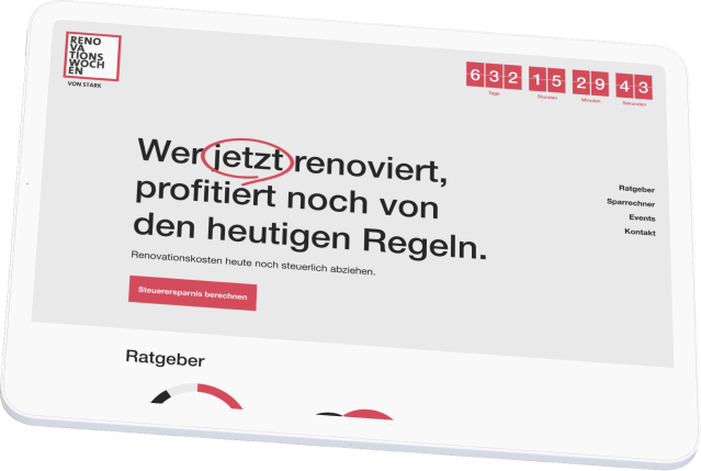 Werbung für Renovationswochen von Stark AG mit Hinweis auf steuerliche Vorteile.