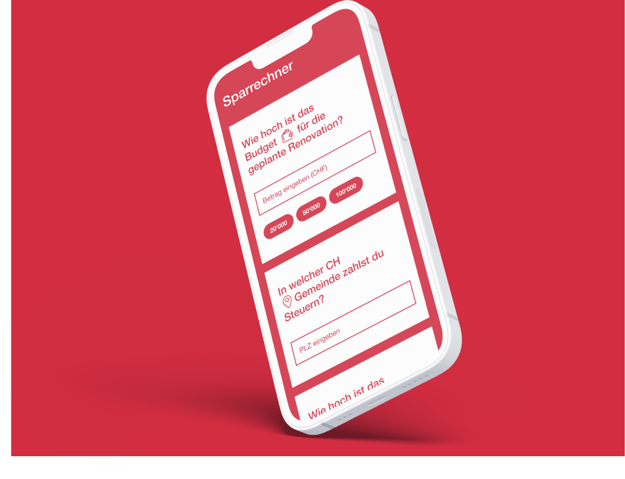 Smartphone mit Renovierungs-Sparrechner-App auf rotem Hintergrund.